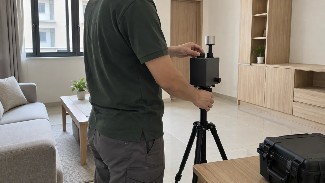 工作人員在新裝潢住宅準備室內空氣檢測設備